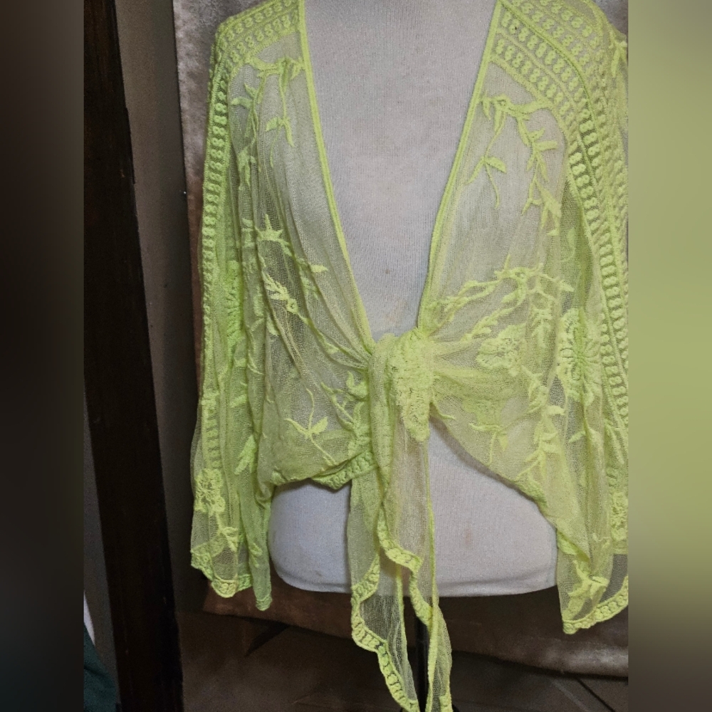 BCBG Generation Lime Green Sheer Tie Front Wrap Top O/S